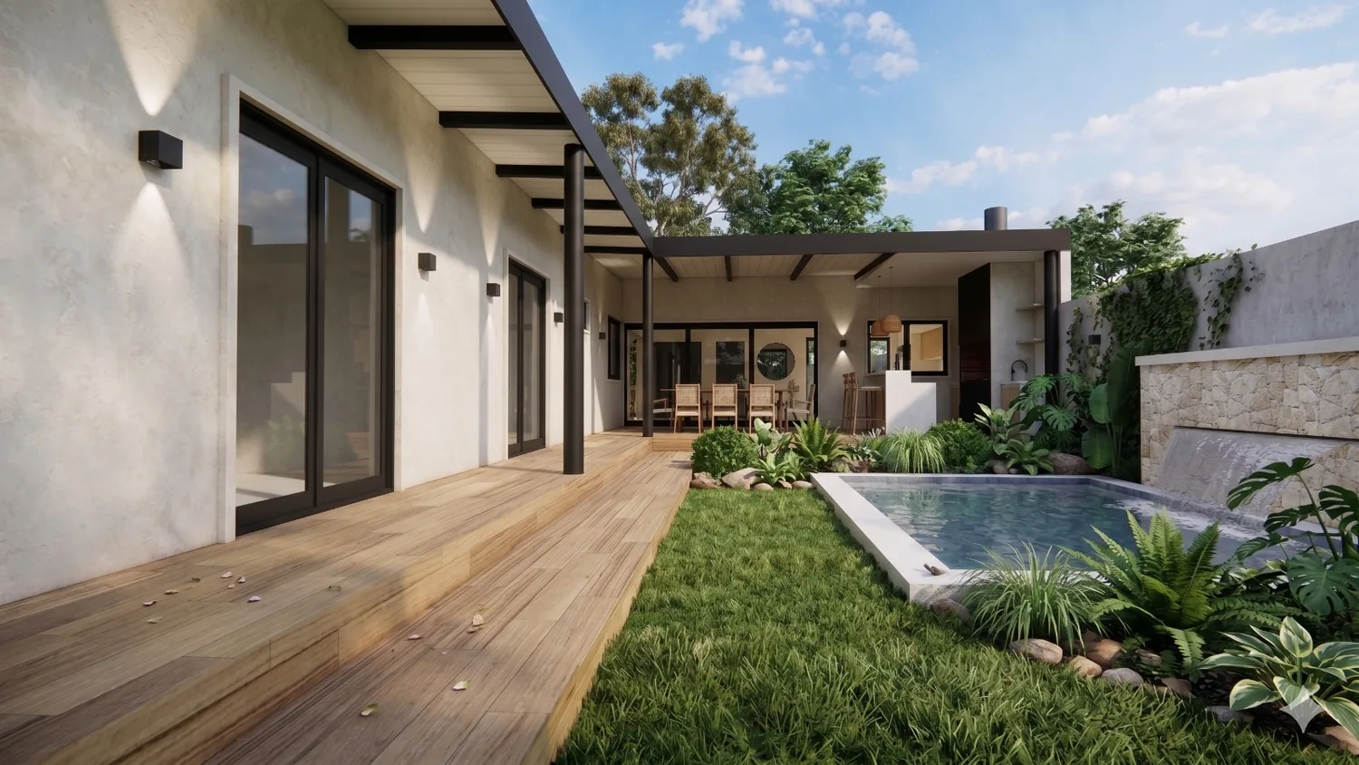 Vista de un patio con galería y vegetación