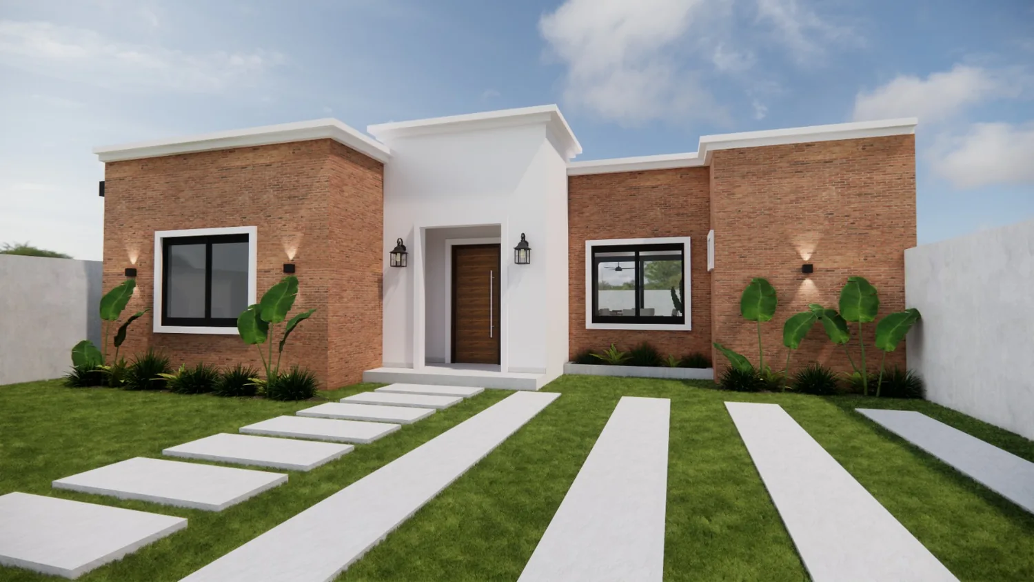 Fachada de vivienda con sendero y jardín